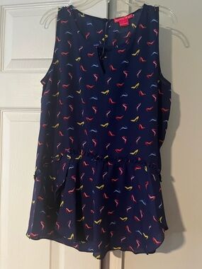 Sunny Leigh Navy Sleeveless Top with Red, Yellow and Blue Heel Print